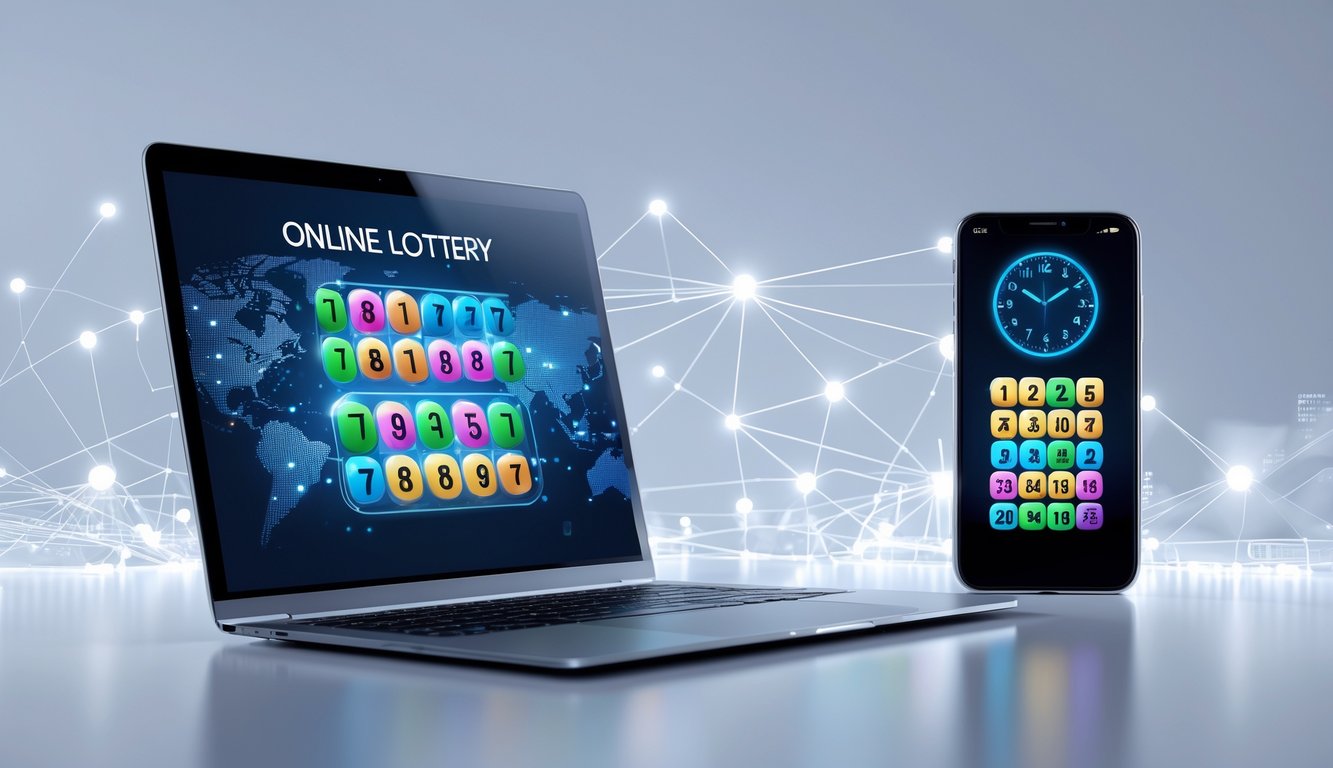 Sebuah laptop dan ponsel menampilkan angka togel dengan latar belakang jaringan digital yang menyala, menggambarkan akses togel online terintegrasi 24 jam.