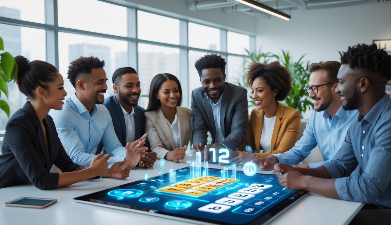 Sekelompok orang sedang berdiskusi dengan antusias di sekitar layar digital yang menampilkan angka togel dalam ruangan kantor modern yang terang dan minimalis.