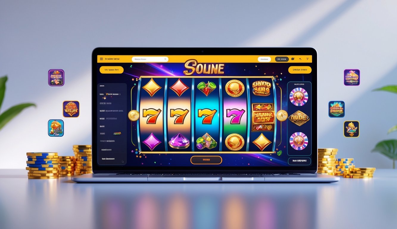 Layar komputer menampilkan permainan slot online dengan simbol warna-warni dan gulungan yang berputar, dikelilingi ikon tema permainan terbaru.