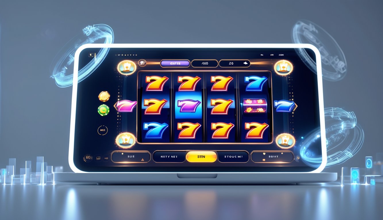 Tampilan layar perangkat dengan permainan slot online interaktif yang penuh warna dan fitur lengkap.