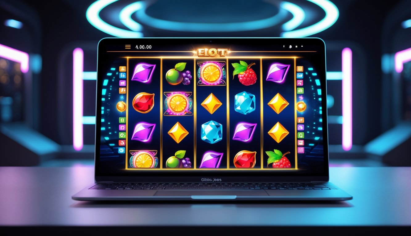 Layar laptop menampilkan permainan slot online dengan simbol warna-warni di meja minimalis.