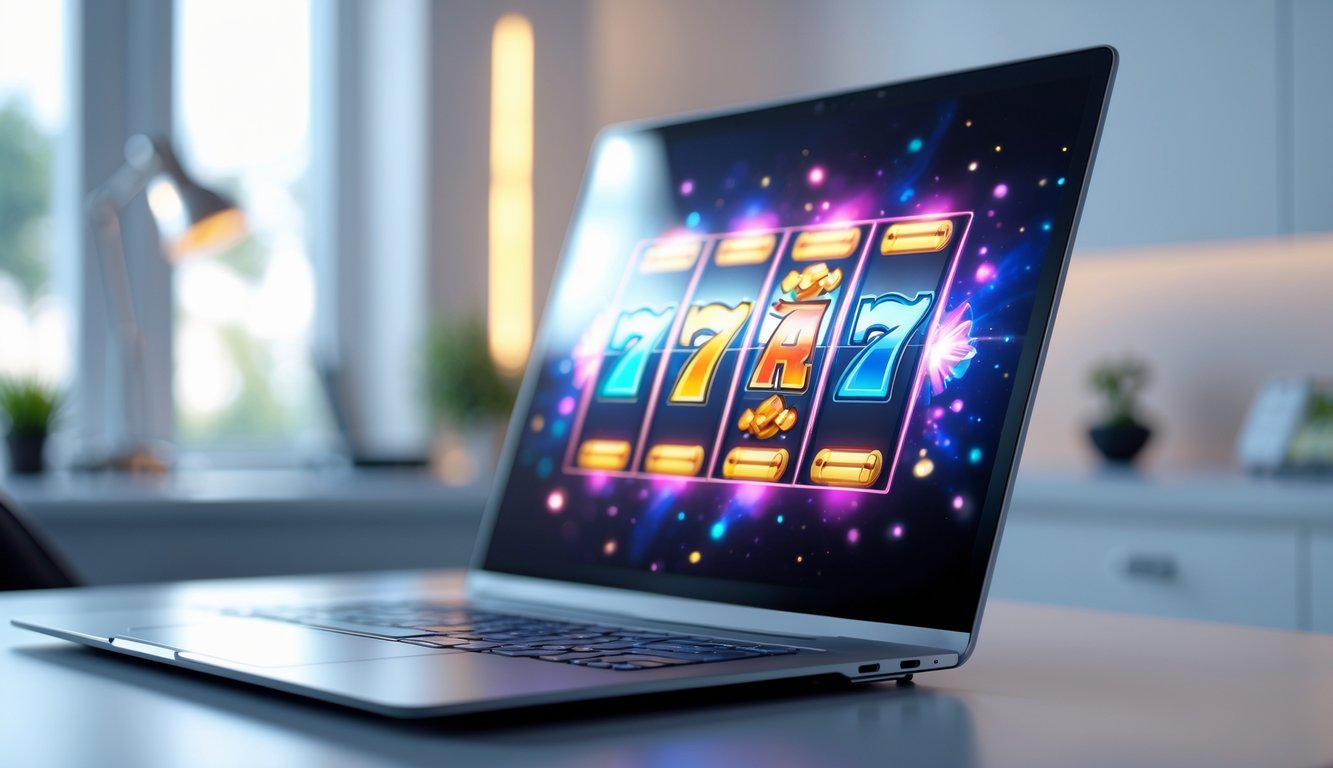 Seorang pengguna sedang bermain game slot online di komputer dengan tampilan layar yang cerah dan berwarna-warni.