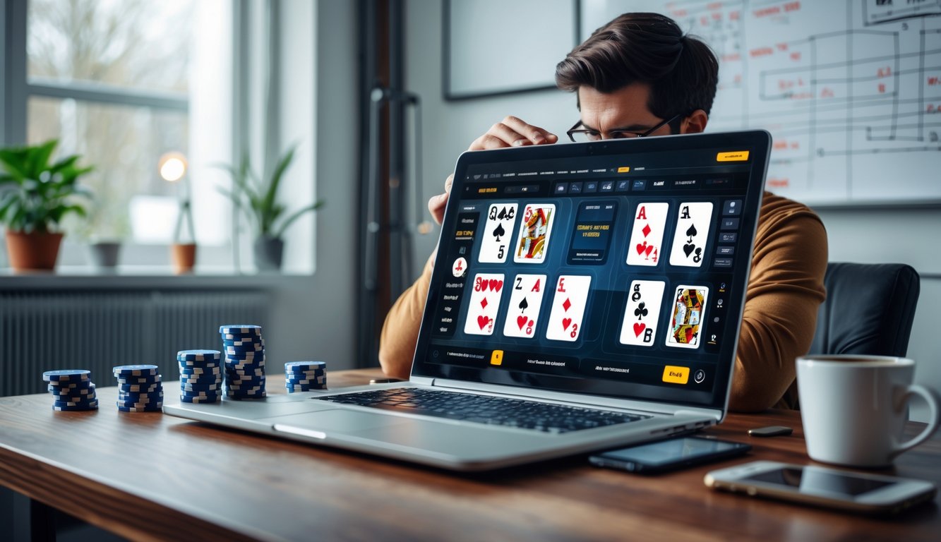 Seorang dewasa muda fokus bermain poker online di depan laptop dengan kartu dan chip poker di meja, di ruangan modern yang terang.