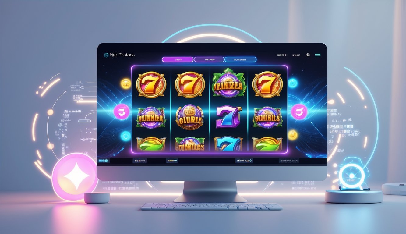 Layar komputer menampilkan permainan slot online dengan grafik warna-warni dan elemen teknologi di sekitarnya.