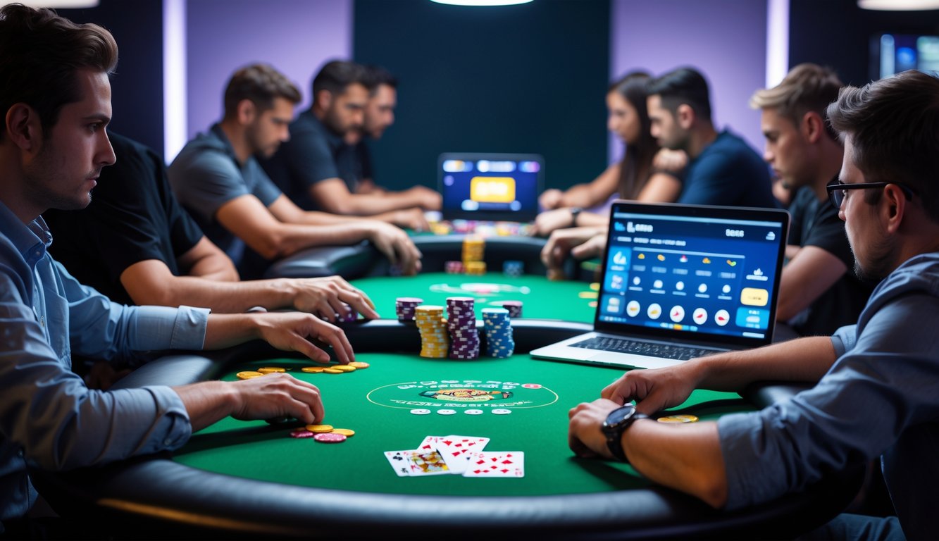 Beberapa pemain poker sedang fokus bermain di meja poker dengan perangkat digital dan chip di atas meja.