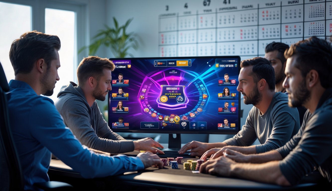 Sebuah ruangan dengan komputer yang menampilkan permainan poker online dan kalender di latar belakang yang menunjukkan jadwal turnamen berkala.