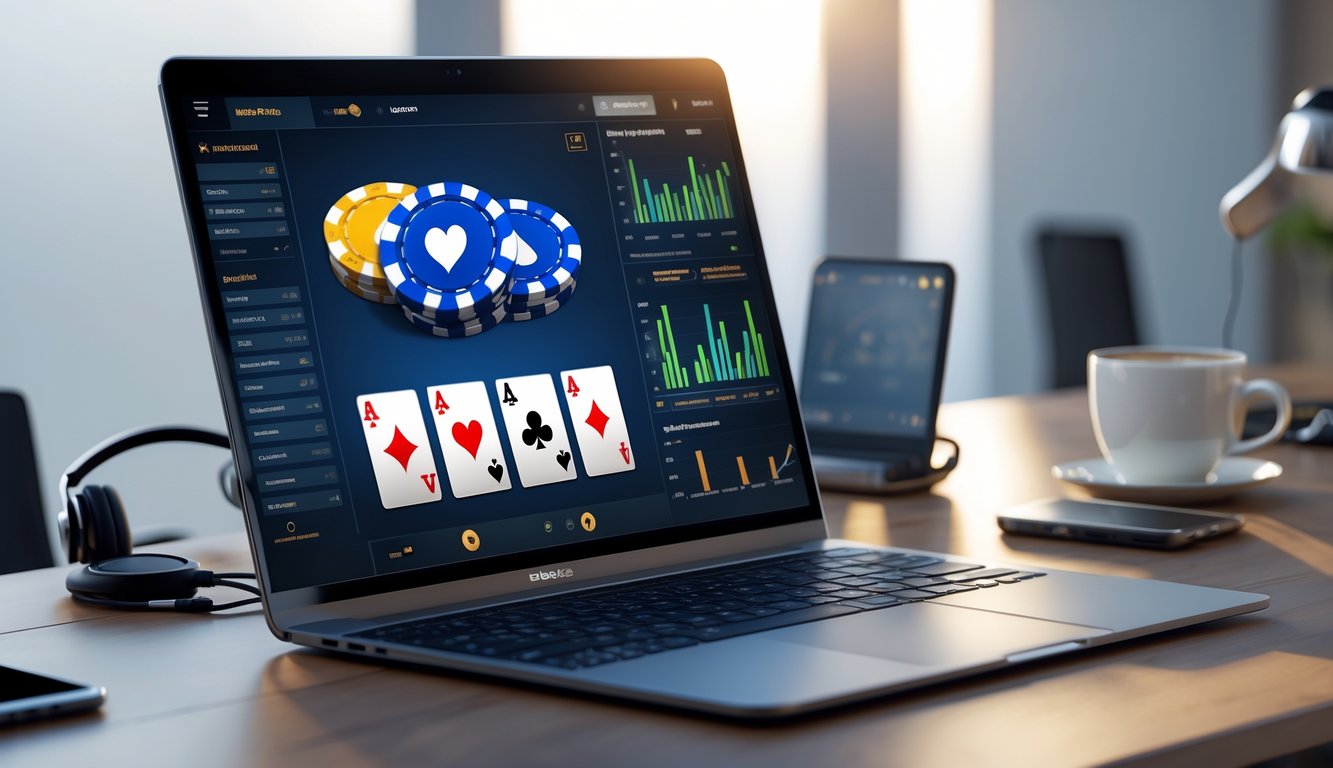 Seseorang menggunakan komputer dengan layar menampilkan permainan poker online dan grafik analitik di meja kerja modern.