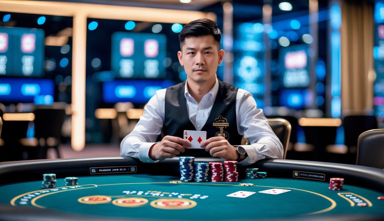 Seorang pemain poker profesional duduk di meja poker dengan kartu dan tumpukan chip, di ruangan kasino modern yang terang dan bersih.