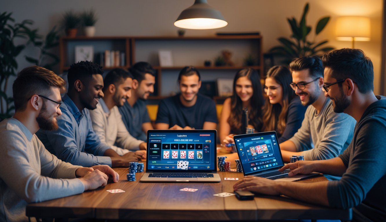 Sekelompok orang bermain poker online bersama di ruang tamu yang nyaman dengan laptop dan ponsel.
