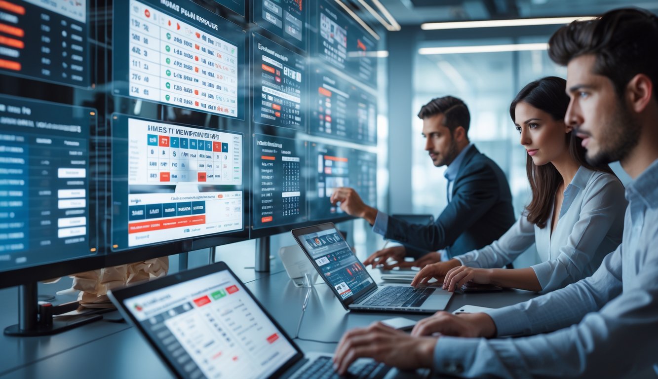 Orang-orang sedang bekerja dengan layar digital yang menampilkan data dan grafik pasar togel online di sebuah kantor modern.