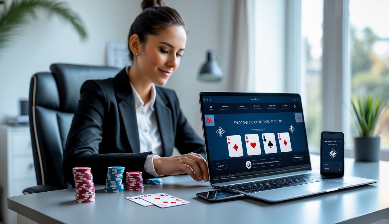 Seseorang sedang bermain poker online di laptop dengan suasana ruang kerja modern dan nyaman.