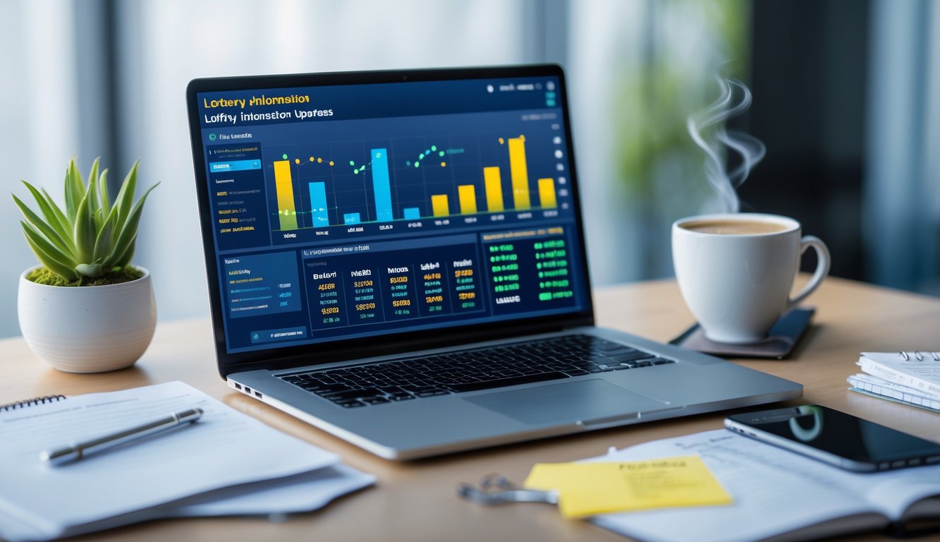 Sebuah ruang kerja modern dengan laptop yang menampilkan dashboard data dan perangkat lain di meja, menunjukkan aktivitas pembaruan informasi togel online.