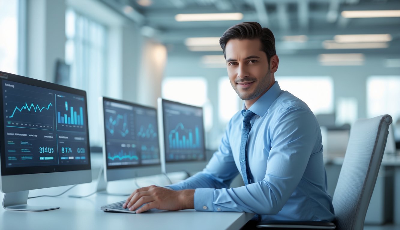 Seorang profesional bisnis duduk di meja dengan beberapa layar komputer yang menampilkan grafik dan data, di ruang kantor modern yang terang dan teratur.