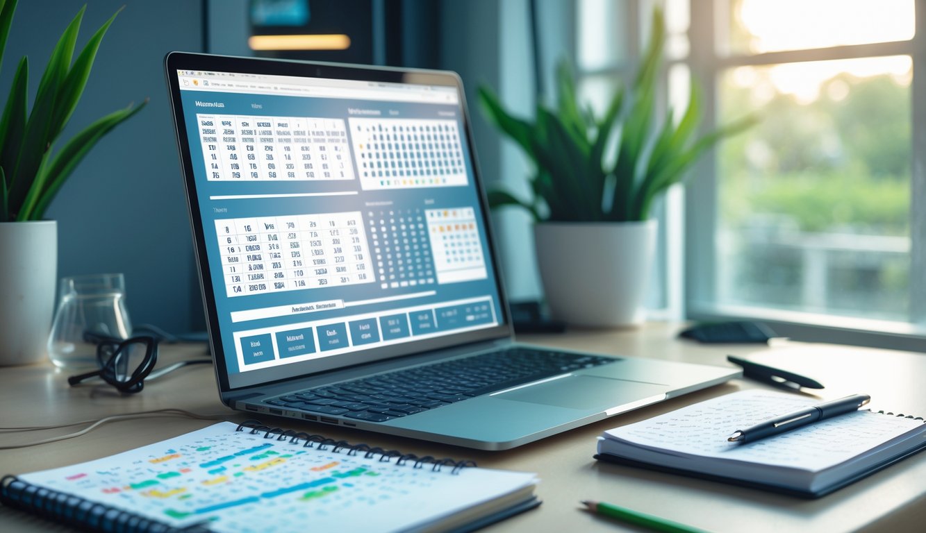 Meja kerja dengan laptop menampilkan data angka, buku catatan dengan perhitungan, dan pena di sampingnya, diterangi cahaya alami dengan tanaman di latar belakang.