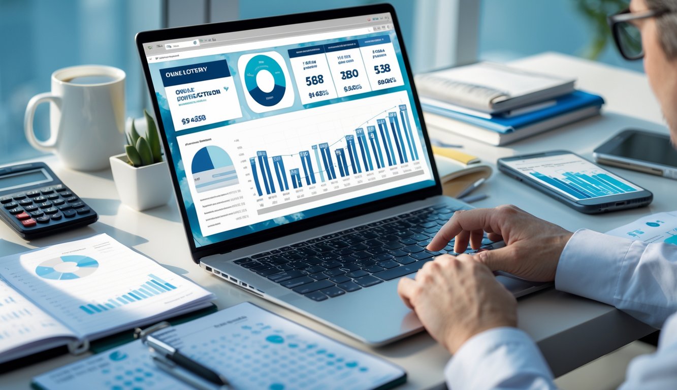 Meja kerja dengan laptop menampilkan data angka dan grafik, tangan seseorang sedang menunjuk layar, alat tulis dan smartphone di sekitar.