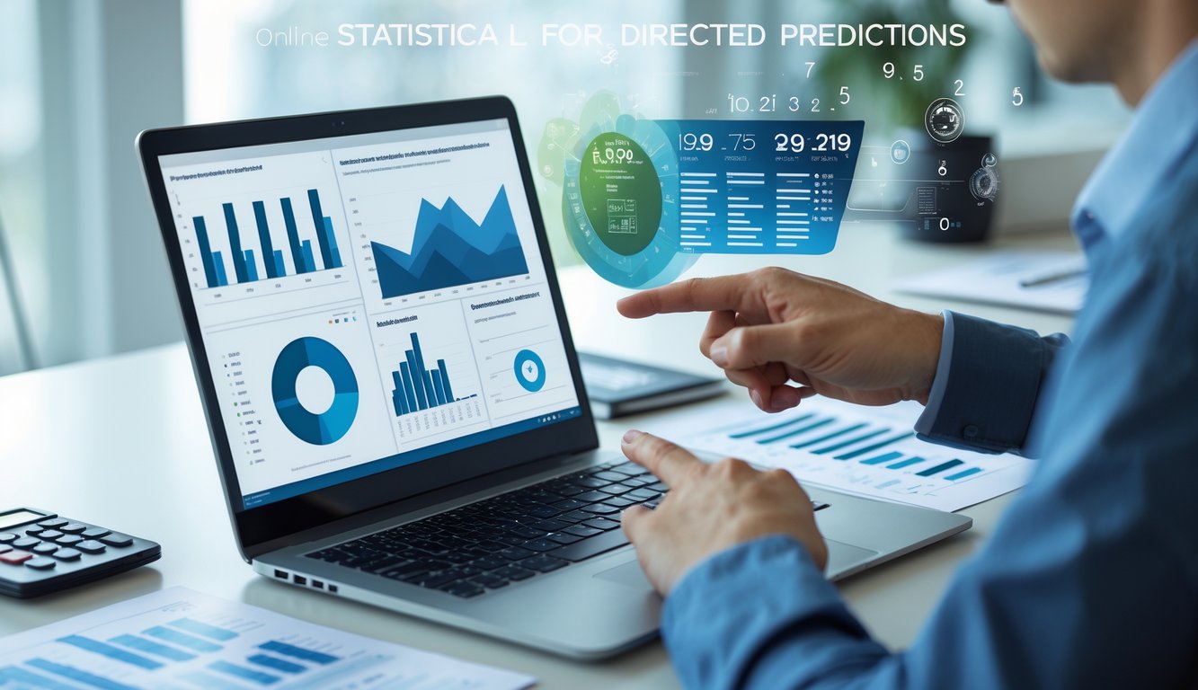 Meja kerja dengan laptop yang menampilkan grafik data dan tangan seseorang sedang menganalisis statistik.