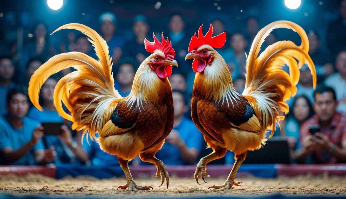 Dua ayam jantan sedang bertarung di depan penonton yang menonton melalui perangkat digital.