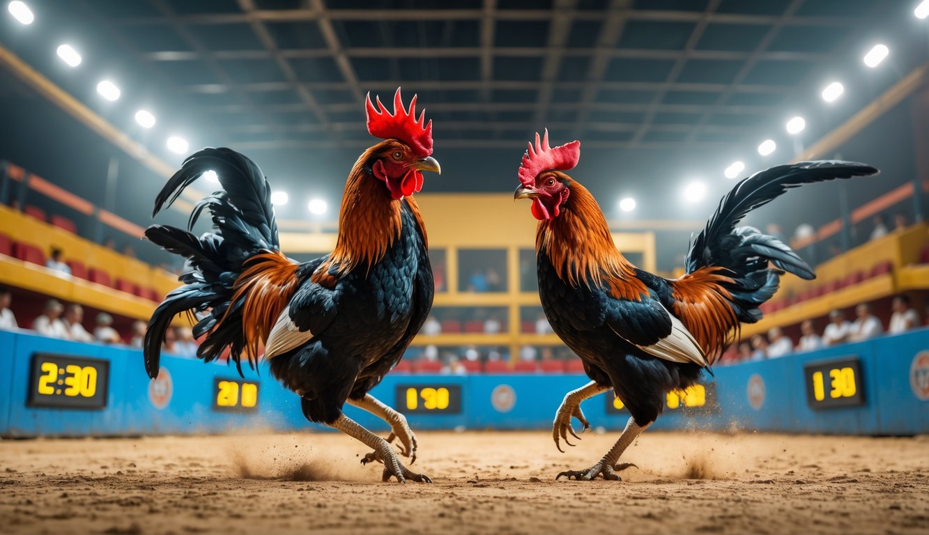 Pertandingan sabung ayam dengan dua ayam jantan sedang bertarung di arena yang terang dan teratur, dengan penonton di latar belakang.