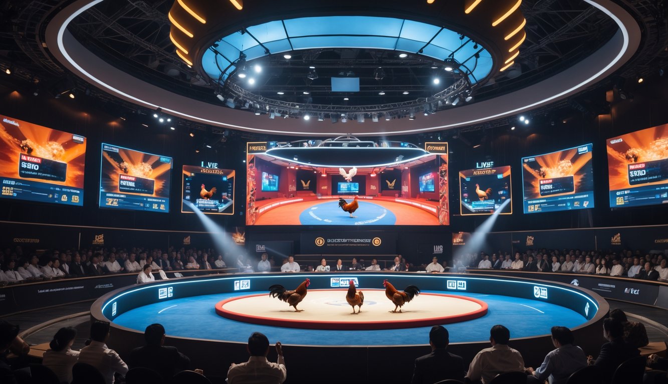Arena pertandingan sabung ayam online dengan ayam beradu di tengah ring dan penonton menyaksikan melalui layar besar