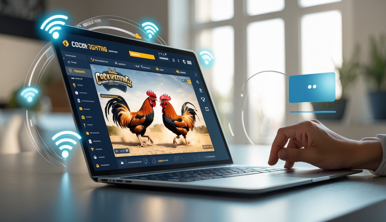 Seseorang menggunakan perangkat digital untuk menonton pertandingan sabung ayam secara online dengan latar belakang yang cerah dan elemen teknologi di sekitar.