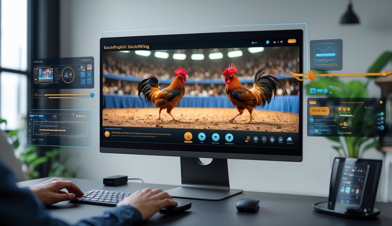Seseorang menggunakan komputer dengan layar menampilkan pertandingan sabung ayam secara online dalam arena tradisional.