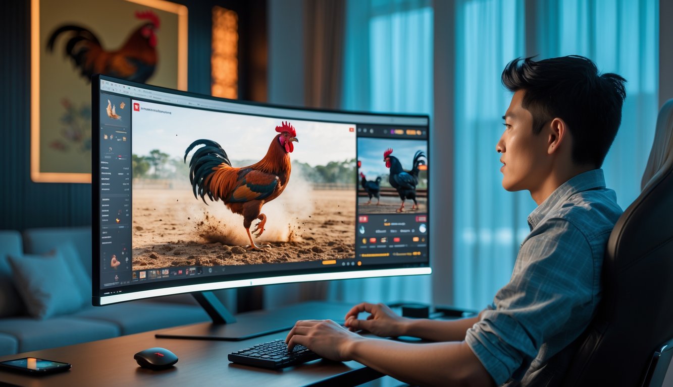 Seseorang menonton pertandingan sabung ayam secara online di depan komputer dengan teknologi streaming modern di ruangan yang nyaman.