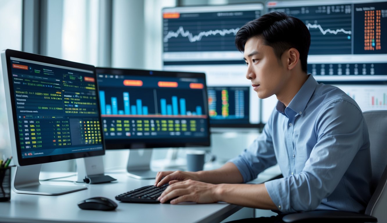 Seorang pria muda duduk di meja kantor modern dengan beberapa layar komputer yang menampilkan data dan angka undian lotre yang diperbarui secara real-time.