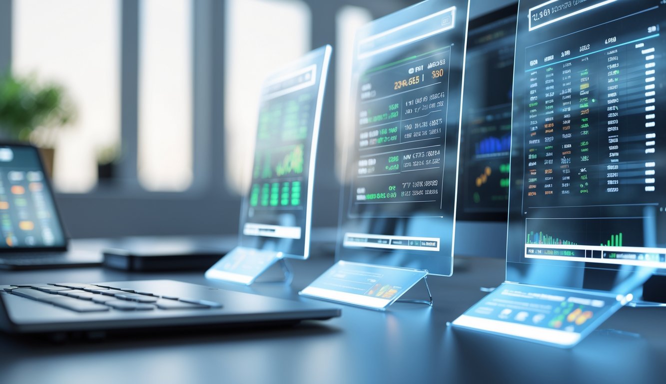 Meja kerja modern dengan beberapa layar digital menampilkan data dan grafik terkait pasar togel online.
