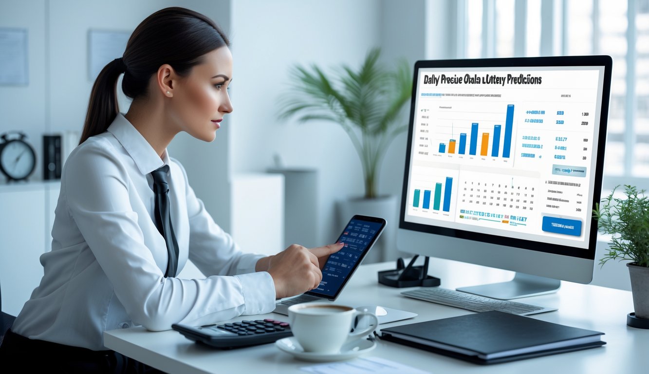 Seorang profesional sedang menganalisis data angka harian di depan komputer di sebuah kantor yang rapi dan terang.