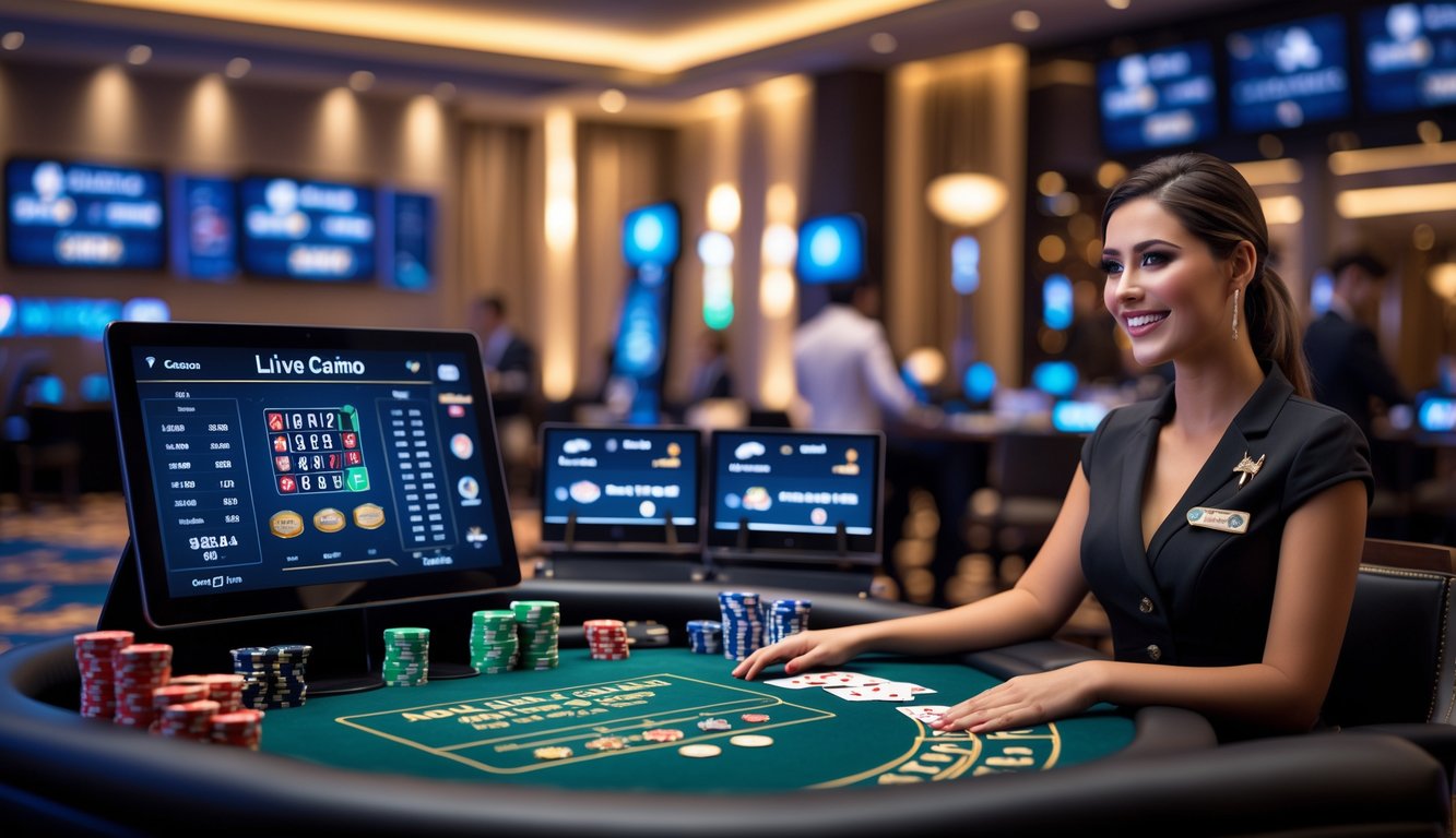 Seorang dealer wanita di meja kasino langsung dengan chip dan kartu, suasana kasino modern dengan pencahayaan hangat.