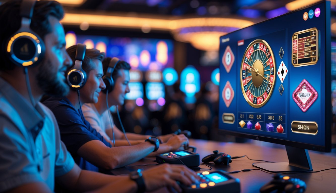 Seorang pemain sedang bermain kasino online dengan layar komputer menampilkan permainan kasino yang hidup dan menarik.