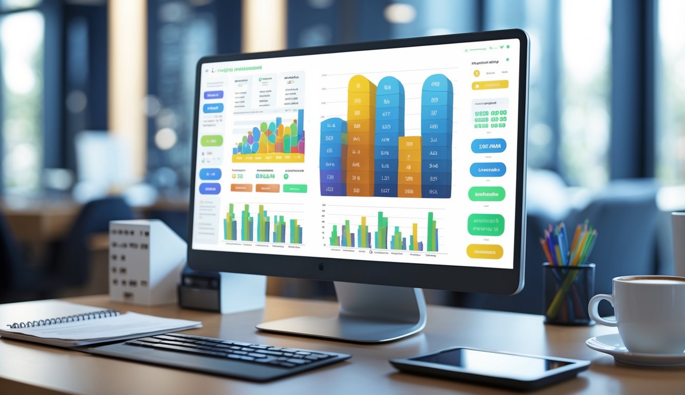 Sebuah meja kerja modern dengan komputer menampilkan grafik statistik warna-warni dan alat tulis yang rapi.