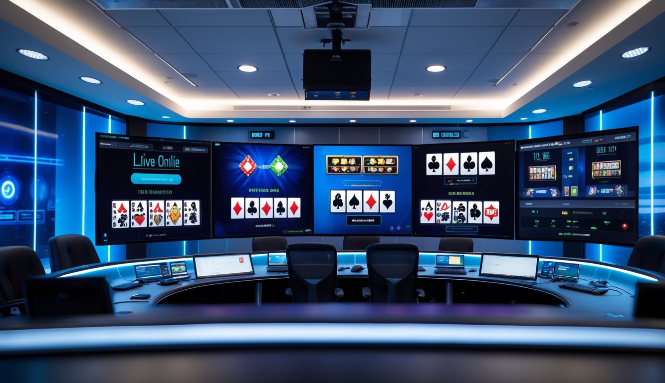 Ruang kontrol modern dengan beberapa monitor besar menampilkan permainan kasino langsung seperti roulette dan poker, menunjukkan sistem kasino online yang stabil.