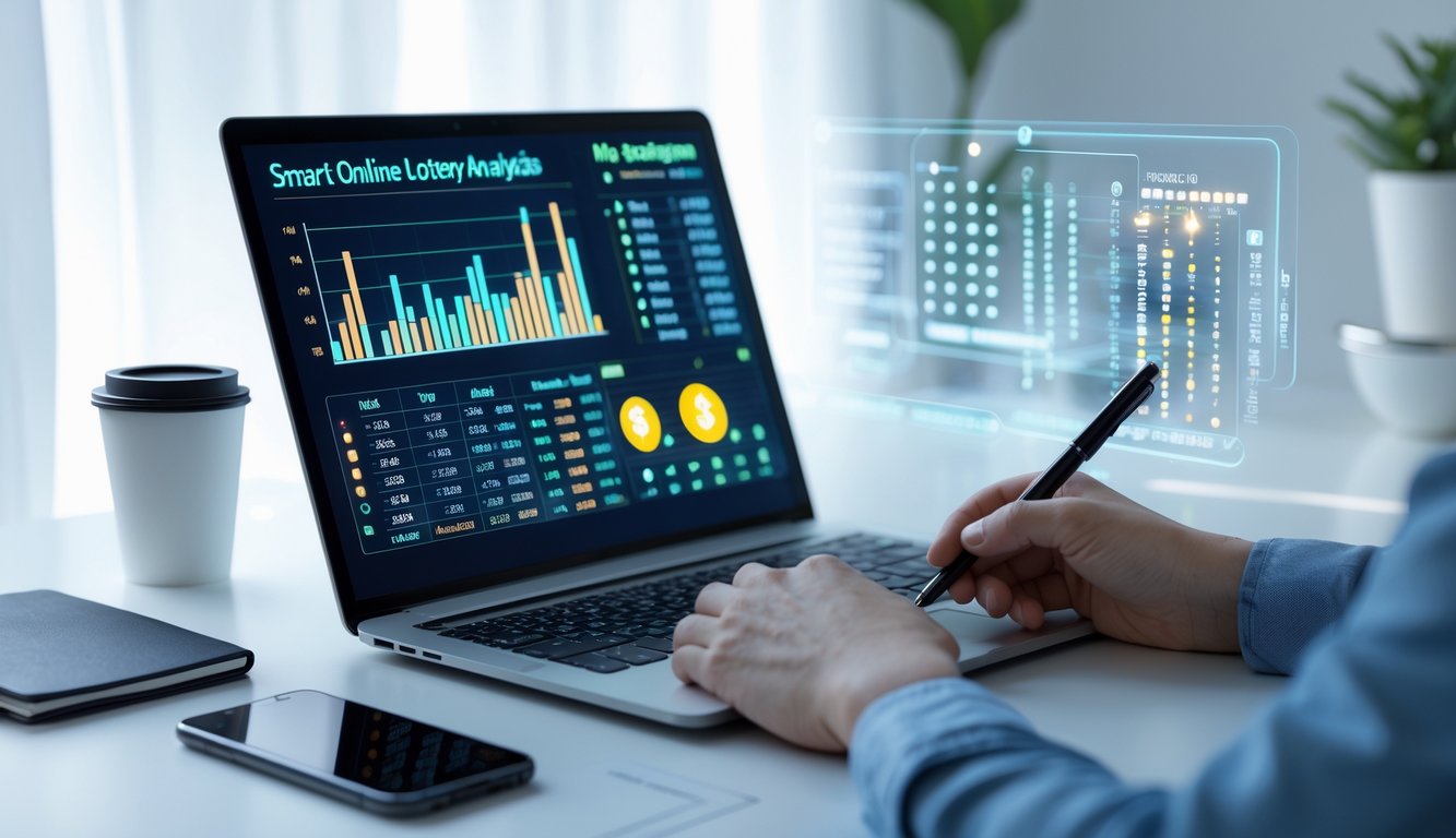 Seseorang sedang menganalisis data angka di depan laptop di ruang kerja yang rapi dan terang.
