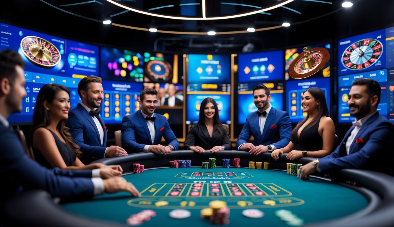 Studio kasino online dengan dealer profesional dan layar besar yang menampilkan permainan kasino langsung.
