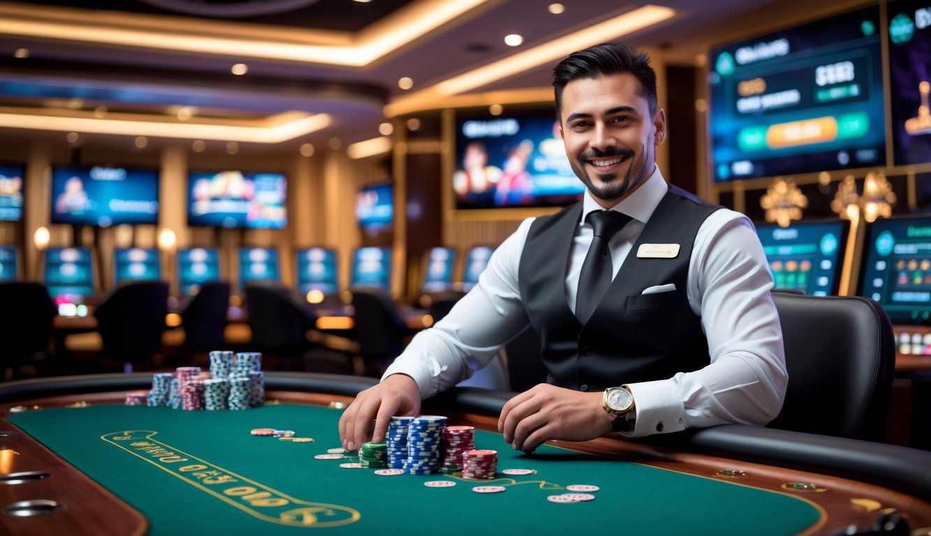 Seorang dealer profesional duduk di meja kasino dengan kartu dan chip, di latar belakang layar besar menampilkan permainan kasino online.