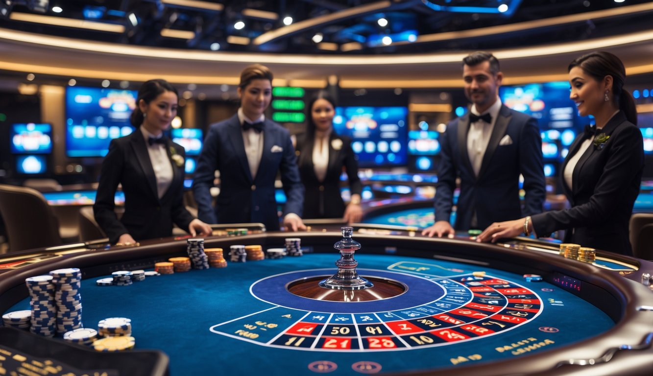 Meja kasino modern dengan dealer nyata yang sedang bermain dalam suasana kasino online langsung.