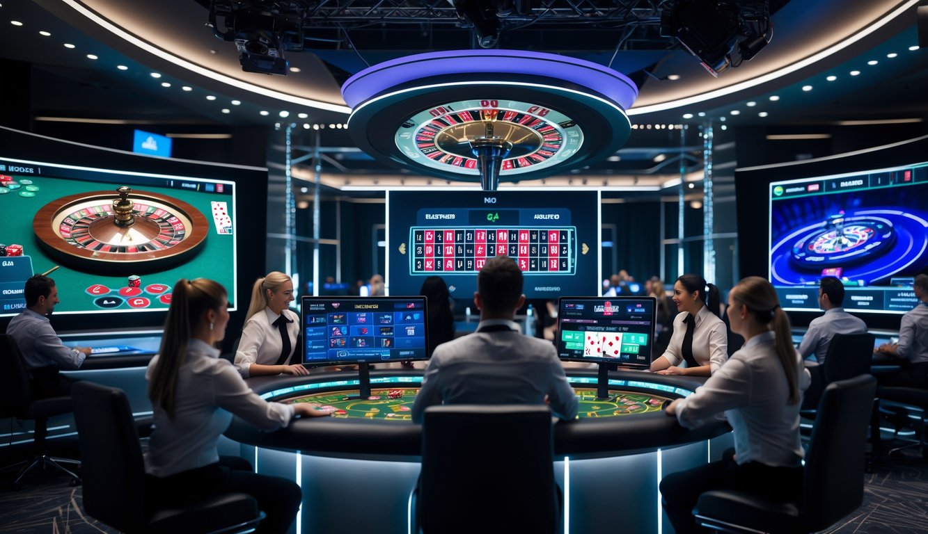 Studio kasino online modern dengan dealer profesional dan layar besar menampilkan permainan kasino secara langsung.