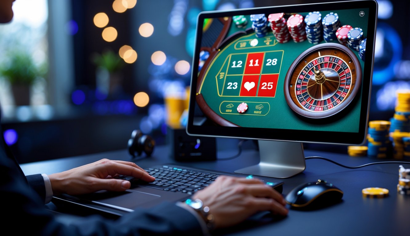 Seorang pemain sedang menikmati permainan kasino langsung secara online dengan tampilan layar komputer yang menampilkan dealer dan peralatan kasino.