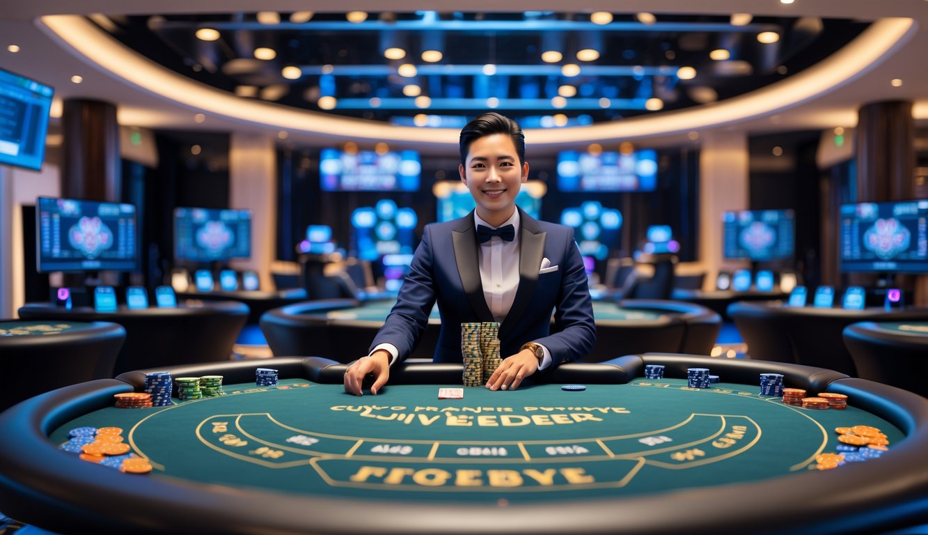 Seorang dealer profesional di meja kasino modern dengan kamera dan layar komputer di latar belakang, menciptakan suasana kasino langsung yang mewah dan eksklusif.