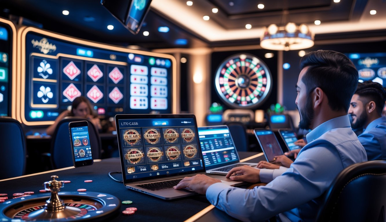 Orang-orang bermain permainan kasino langsung secara online dengan perangkat digital di ruangan yang modern dan terang.