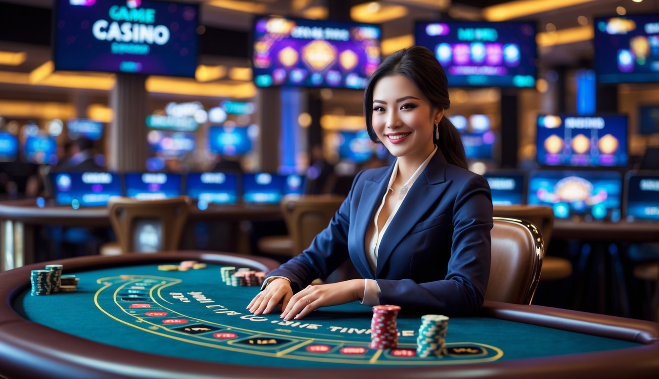 Seorang dealer kasino wanita duduk di meja permainan dengan kartu dan chip, dikelilingi layar yang menampilkan permainan kasino langsung.