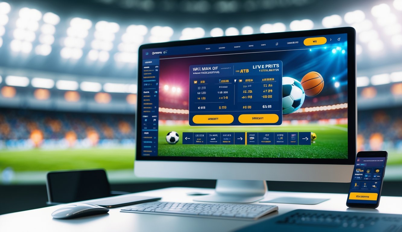 Ruang kerja modern dengan komputer yang menampilkan antarmuka taruhan olahraga online dan latar belakang stadion dengan penonton yang bersorak.