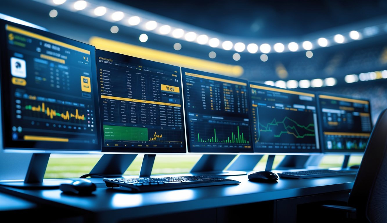Sebuah meja kerja dengan beberapa monitor menampilkan statistik pertandingan olahraga secara real-time dan data dinamis.