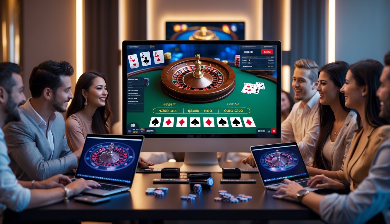 Orang-orang bermain permainan kasino langsung secara online menggunakan komputer dan ponsel di ruangan dengan pencahayaan hangat.