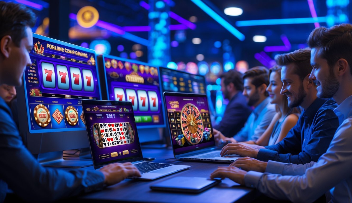 Orang-orang sedang bermain permainan kasino online dengan komputer dan perangkat digital di lingkungan modern yang terang dan dinamis.