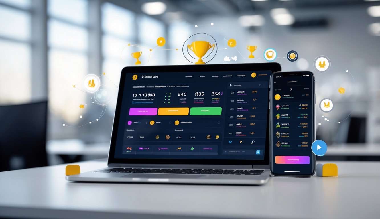 Sebuah laptop dan ponsel pintar menampilkan antarmuka taruhan online dengan grafik dan statistik permainan di sebuah ruang kantor yang terang.