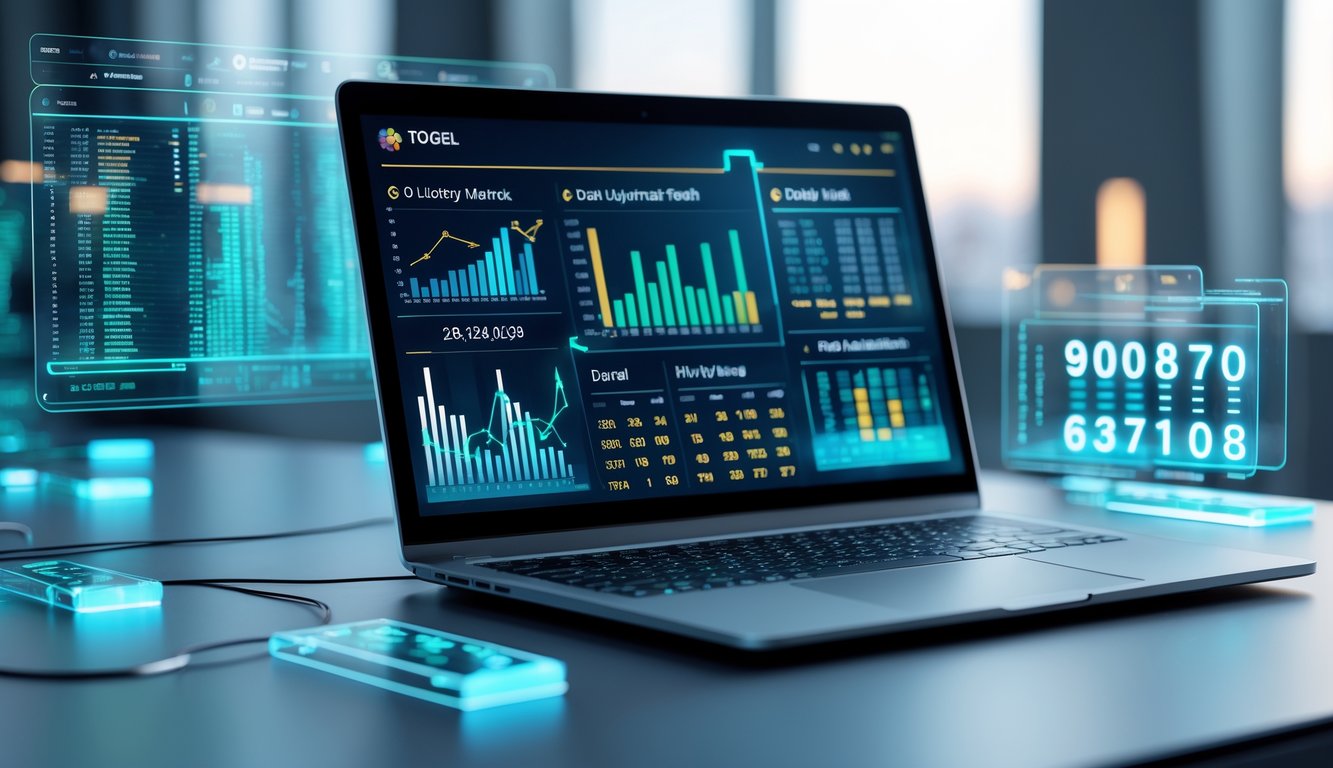 Seseorang menggunakan komputer dengan layar menampilkan grafik dan data terkait pasar togel online.