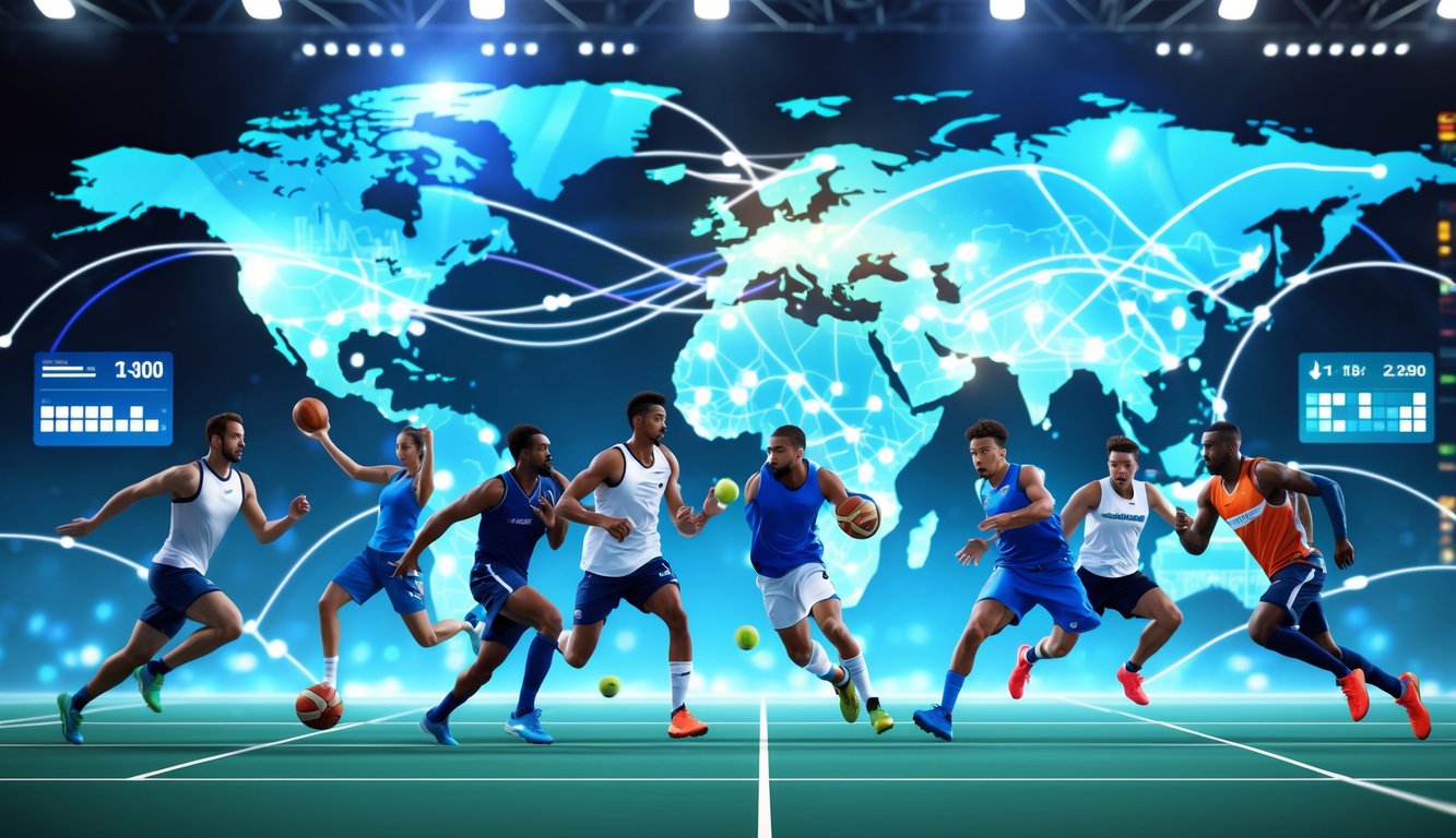 Beberapa atlet dari berbagai cabang olahraga sedang beraksi di depan peta dunia yang menunjukkan koneksi global dengan lampu stadion yang terang.