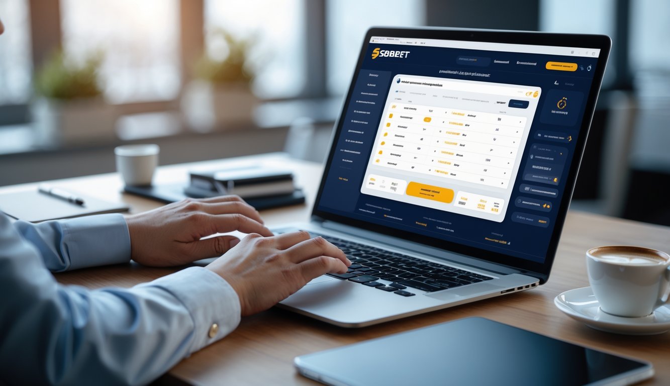 Seseorang menggunakan laptop di meja kerja dengan tampilan antarmuka platform taruhan online yang bersih dan terorganisir.
